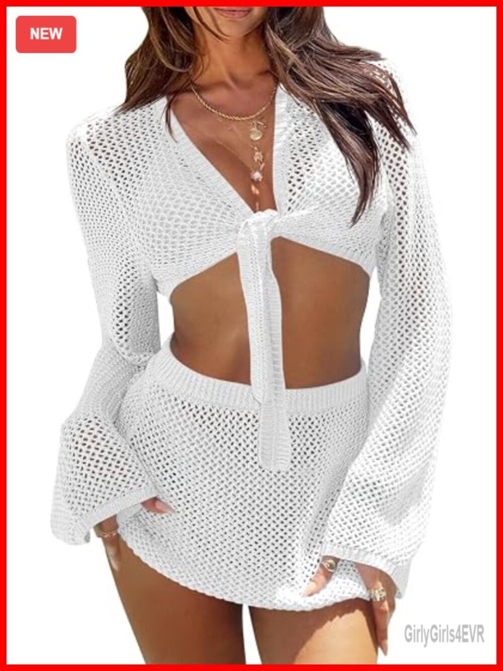 Women's Crochet Swimsuit Coverup 2 Piece Long Sleeve Crop Top Mini Skirt Set
